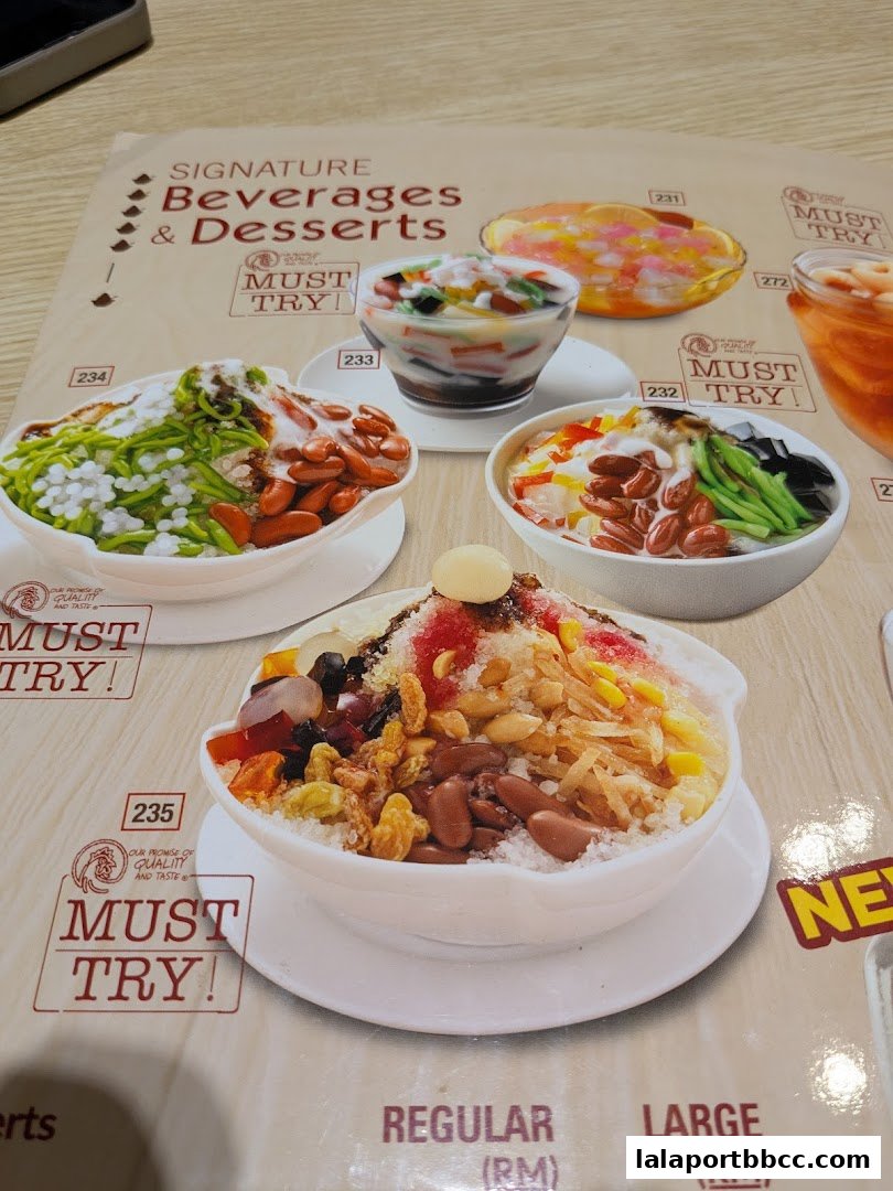 A menu page showcasing various colorful and appetizing desserts and beverages.