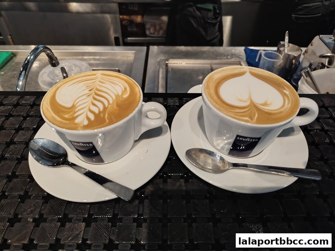Two cups of coffee with latte art, one with a fern pattern and the other a heart.