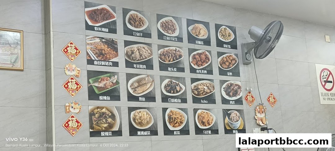A wall display showcasing various Teo Chew dishes with images and Chinese text.