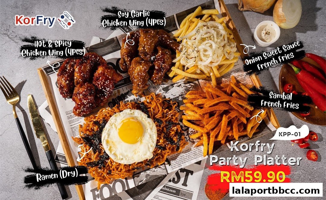A KorFry Party Platter featuring chicken wings, fries, and dry ramen with a fried egg.