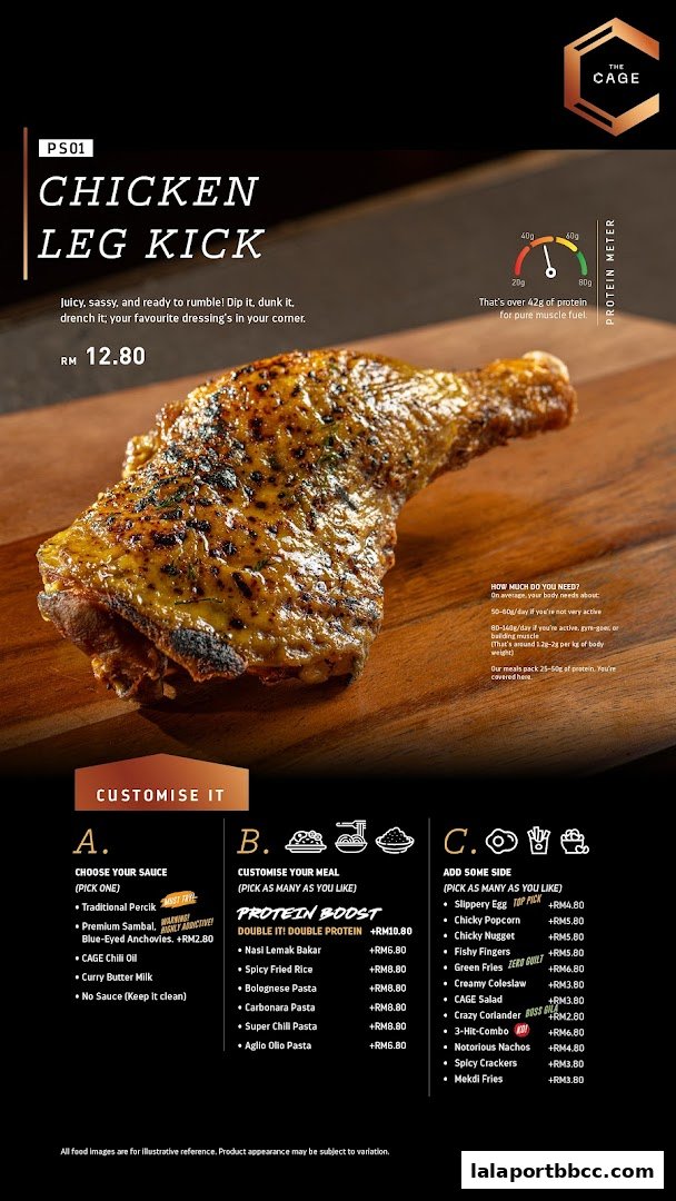 A menu showcasing a 'Chicken Leg Kick' dish with customization options and protein information.