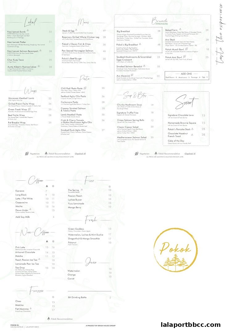 A menu from POKOK LaLaport featuring various food and drink categories like Lokal, Mains, Brunch, Pasta, Soup & Bites, and Sweet.