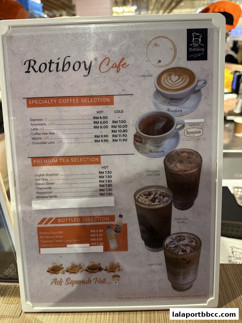 A menu from Rotiboy Cafe featuring specialty coffee, premium tea, and bottled selections.