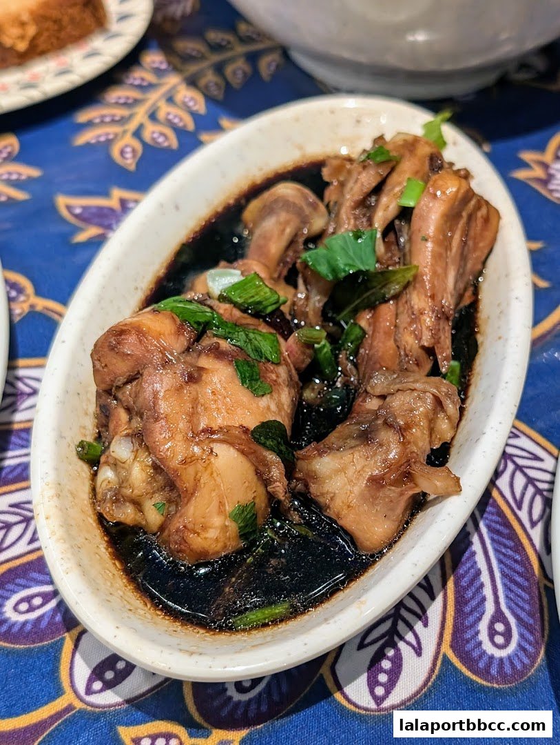 A close-up of a dish of braised chicken pieces in a dark sauce, garnished with green onions.