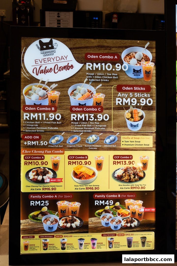 A menu board displaying various Oden and Chee Cheong Fun combos, family meals, and beverages.