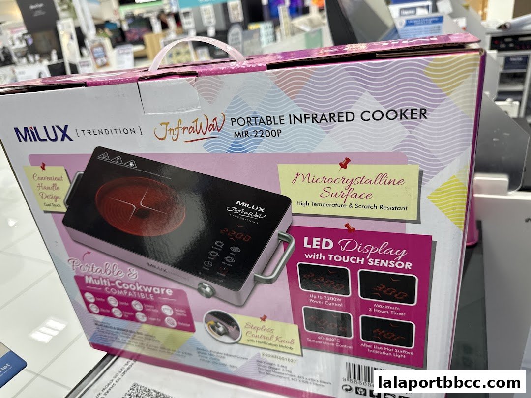 A box for a Milux portable infrared cooker with features highlighted.