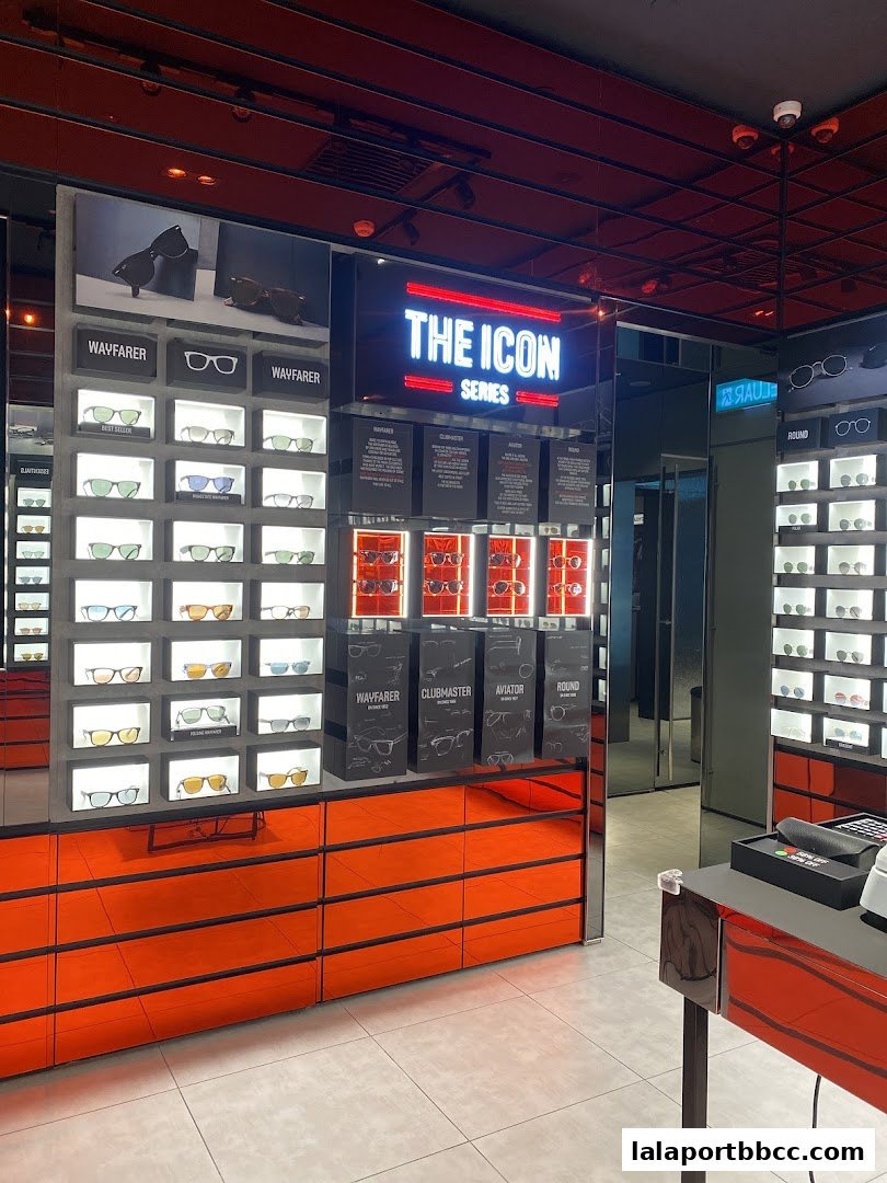 Interior of a Ray-Ban store showcasing iconic sunglasses from "The Icon Series" on display.