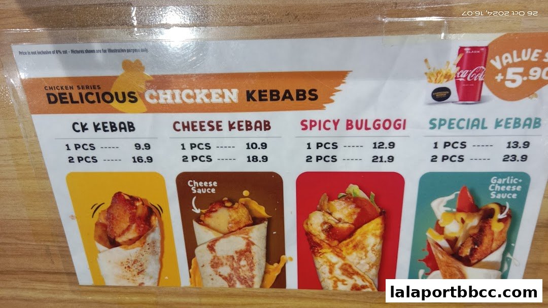 A menu board displaying various chicken kebabs with prices and enticing images.