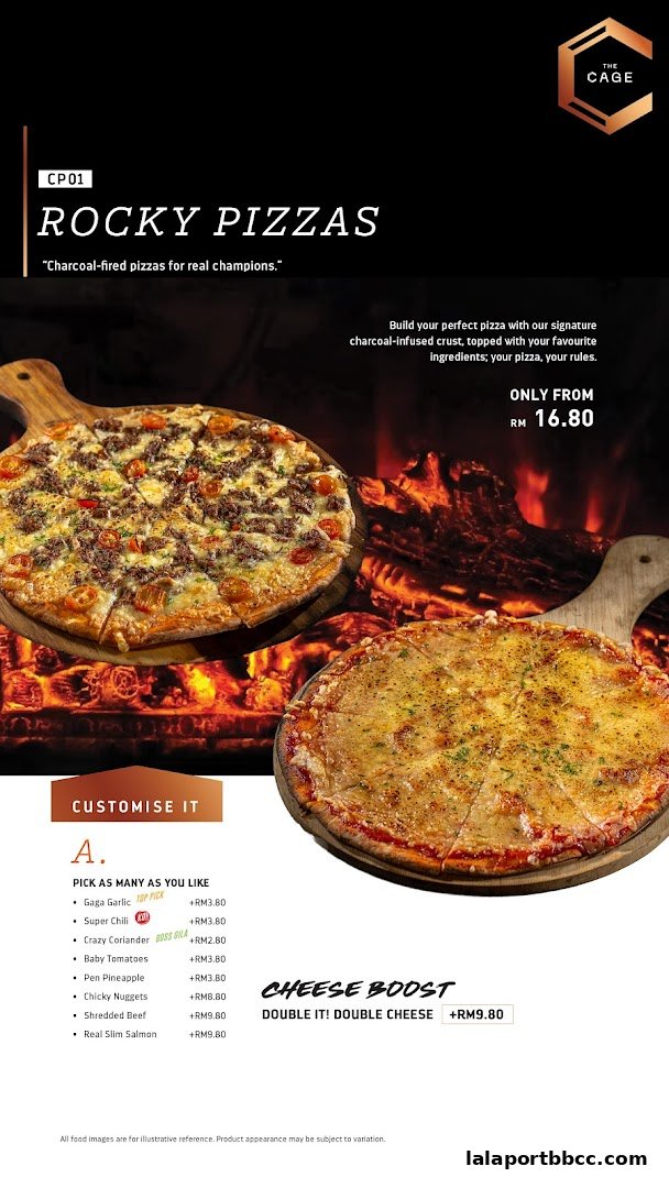 A menu showcasing 'Rocky Pizzas' with customizable toppings and a cheese boost option.