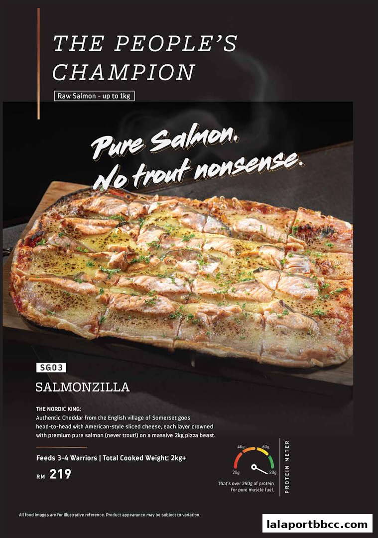 A large salmon pizza called Salmonzilla, described as 'The People's Champion'.