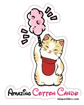 A cute cartoon cat holding a pink cotton candy stick with the shop name below.