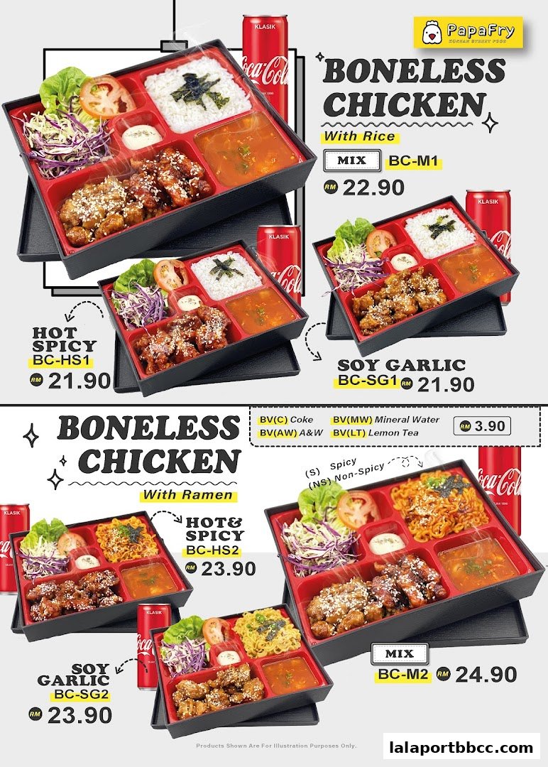 PapaFry offers boneless chicken meals with rice or ramen, including various flavors and drink options.