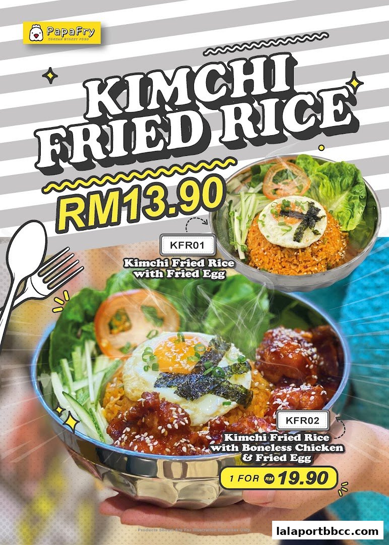 A promotional image for PapaFry's Kimchi Fried Rice dishes.