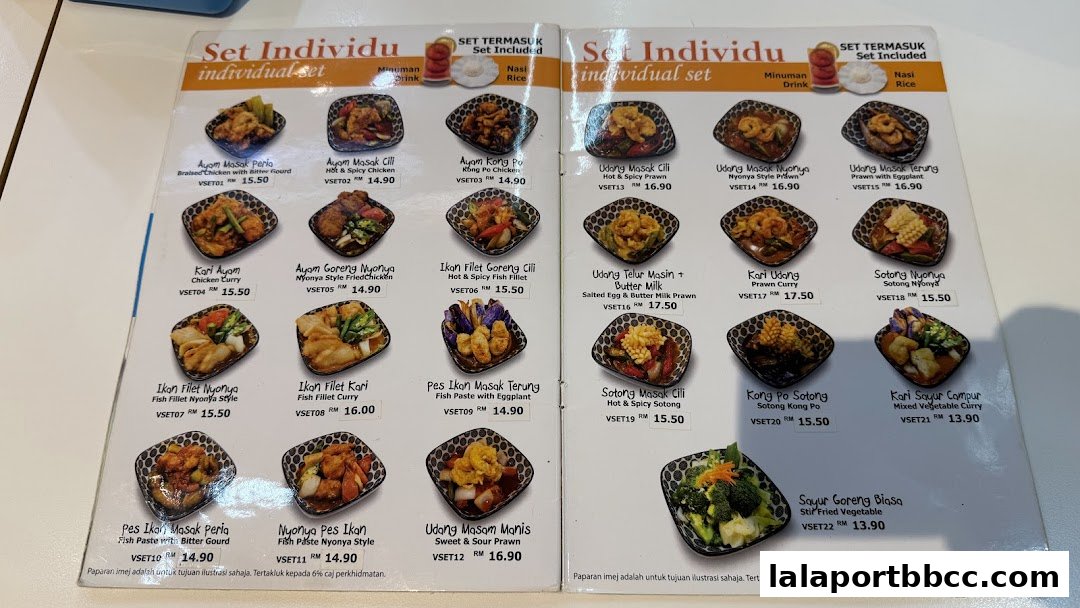 A menu showcasing individual set meals with various Malaysian dishes, each with a picture and price.