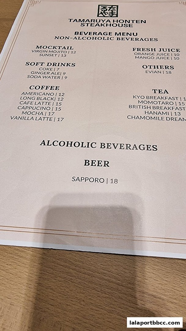 A beverage menu from Tamaruya Honten Steakhouse featuring non-alcoholic and alcoholic drinks.