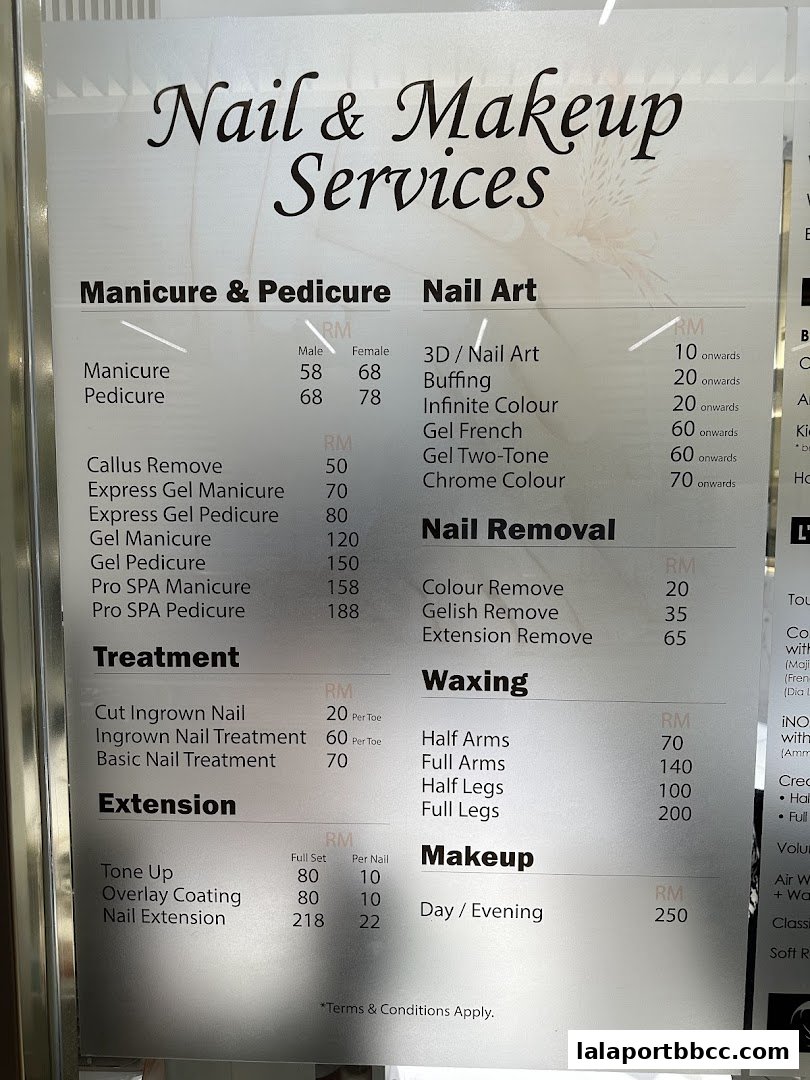A menu displaying nail and makeup services with prices.