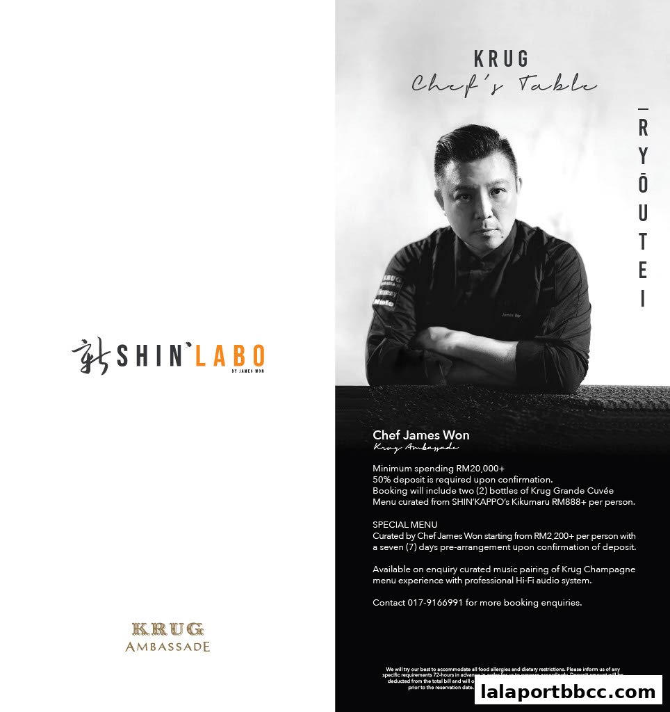 A promotional image for ShinLabo by James Won featuring Chef James Won and Krug Champagne.