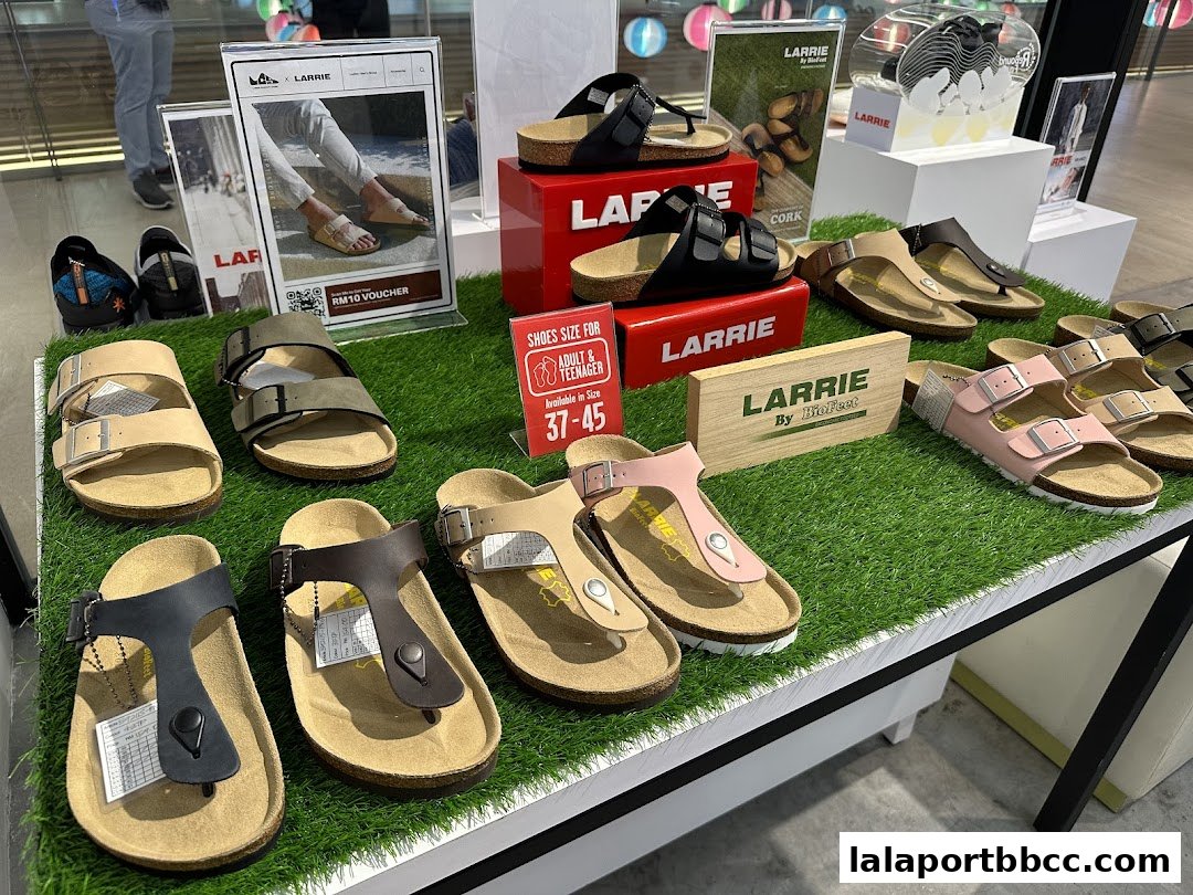 A display of various Larrie brand sandals and flip-flops on a green, grassy surface.
