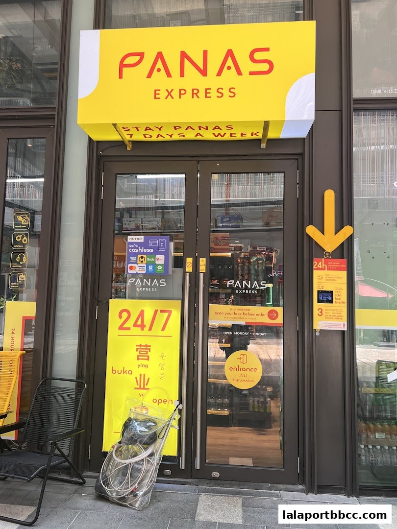The entrance of Panas Express convenience store, open 24/7.
