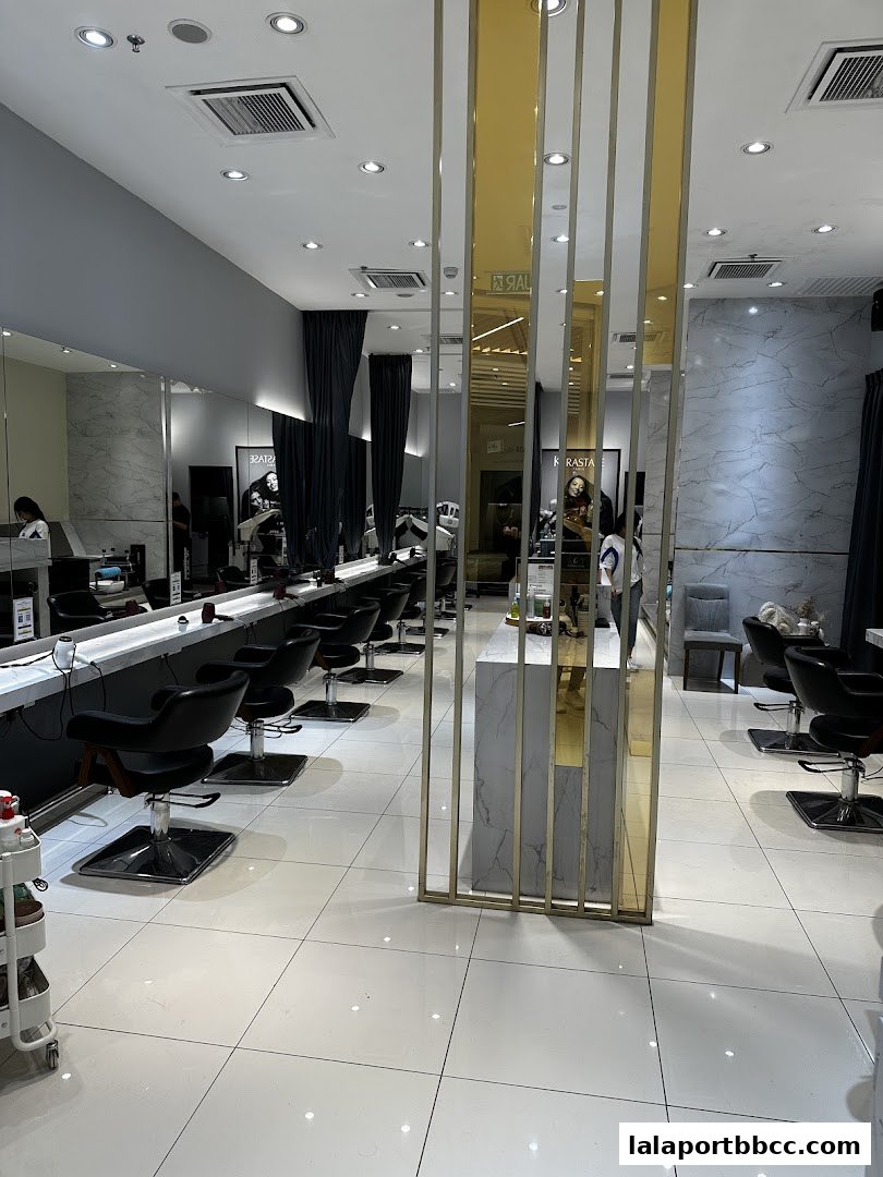 Interior view of a modern hair salon with styling chairs and mirrors.