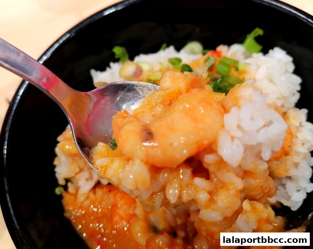A close-up shot of a spoonful of rice with shrimp and sauce from a bowl.
