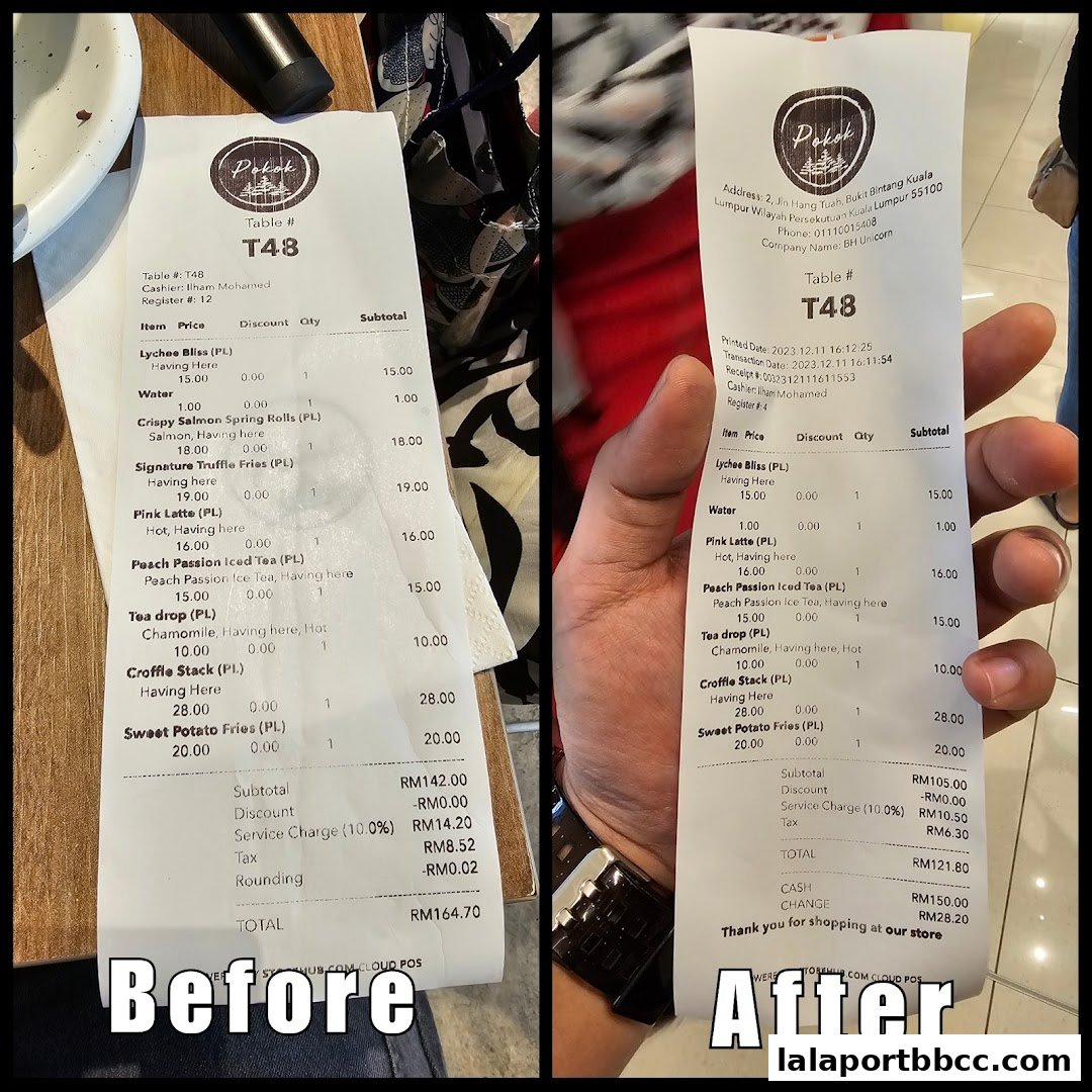 A split image showing two receipts from POKOK LaLaport, detailing food and drink orders.