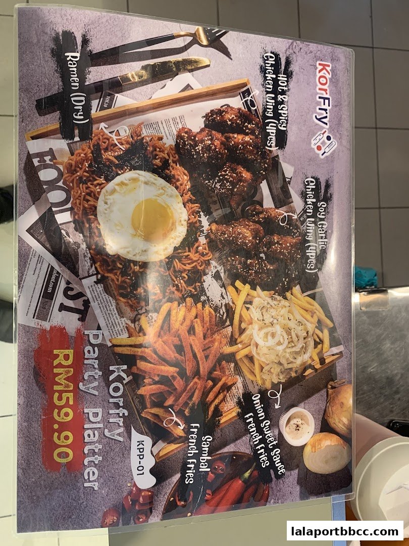 A menu featuring KorFry's Party Platter with ramen, chicken wings, and fries.