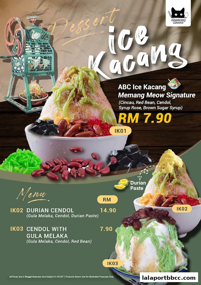A menu showcasing various ice kacang desserts with prices and ingredients.