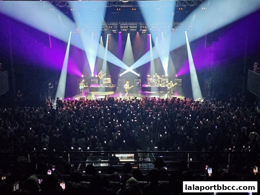 A band performs on stage to a large, enthusiastic crowd holding up their phones.