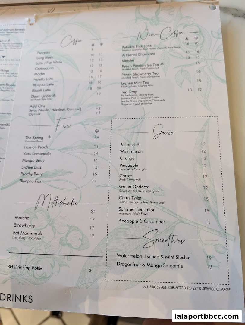 A menu from POKOK LaLaport featuring coffee, non-coffee drinks, juices, milkshakes, and smoothies.