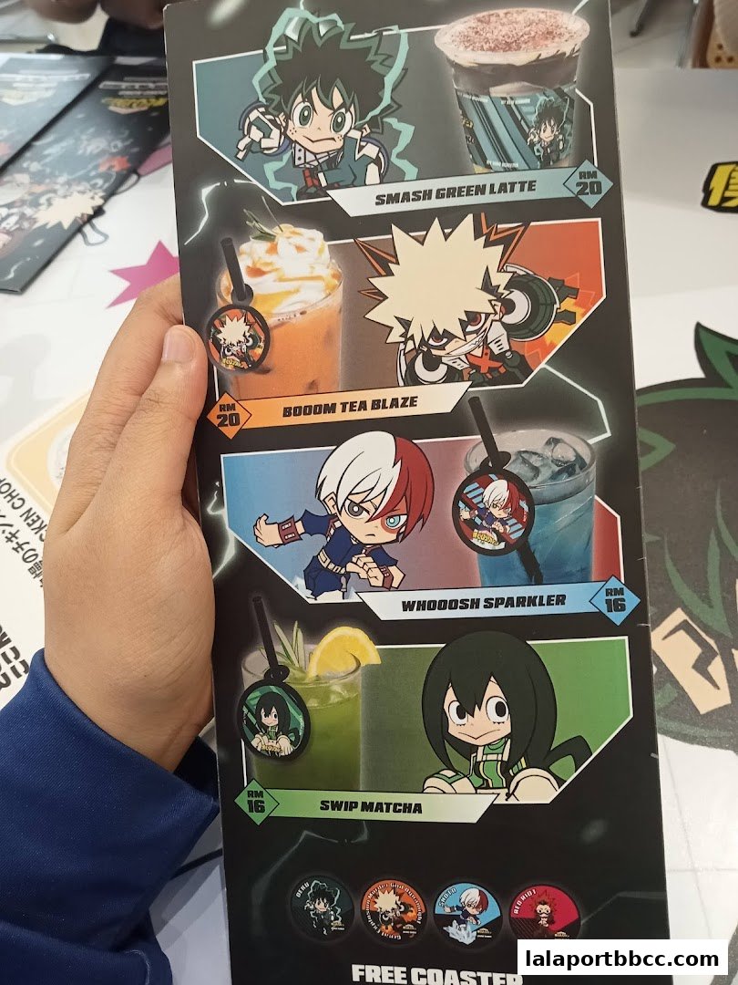 A menu featuring anime-themed drinks with character illustrations and prices.