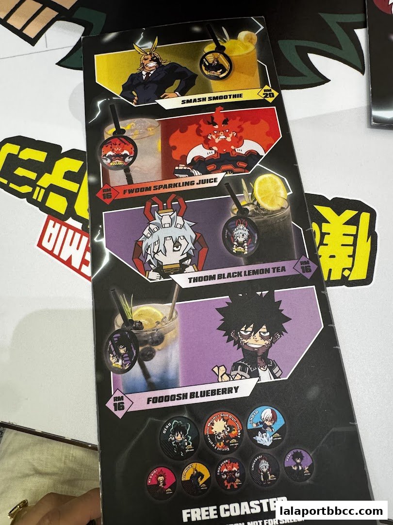 A menu featuring anime-themed drinks with character illustrations and prices.