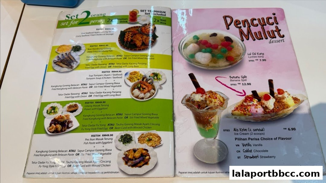 A menu featuring set meals and desserts with images and prices.