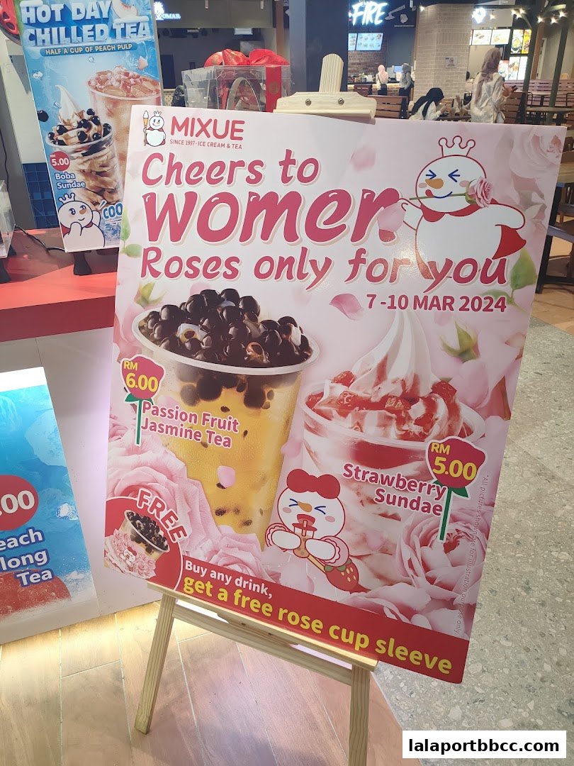 A promotional sign for Mixue featuring drinks and a special offer for women.