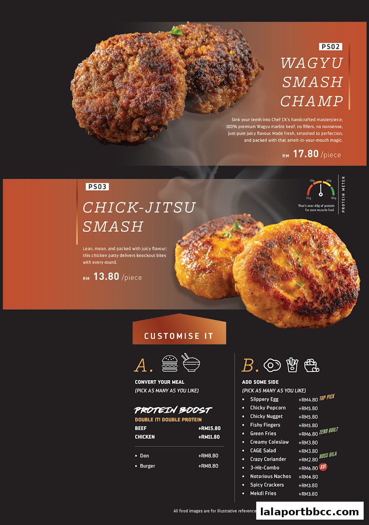 A menu showcasing two signature smash patties: Wagyu Smash Champ and Chick-Jitsu Smash, with customization options.