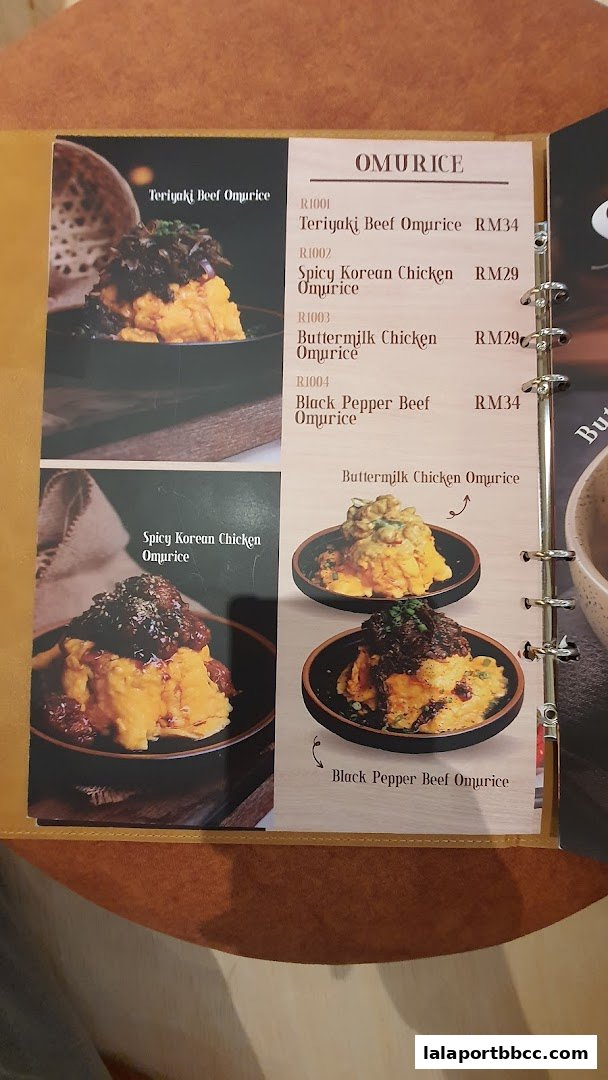 A menu page showcasing various omurice dishes with appetizing images and prices.