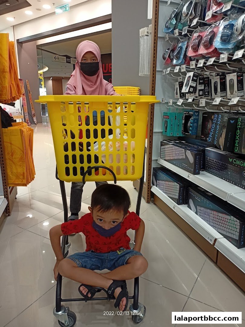 A child sits in a shopping cart while a person stands behind it in a toy store.