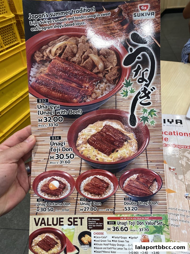 A menu from Sukiya featuring Unagi dishes and value sets.