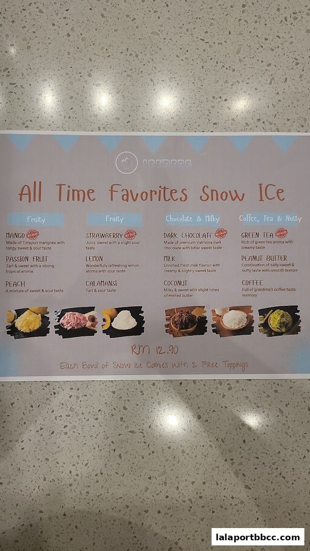 A menu board displaying various flavors of Snow Ice with descriptions and images.