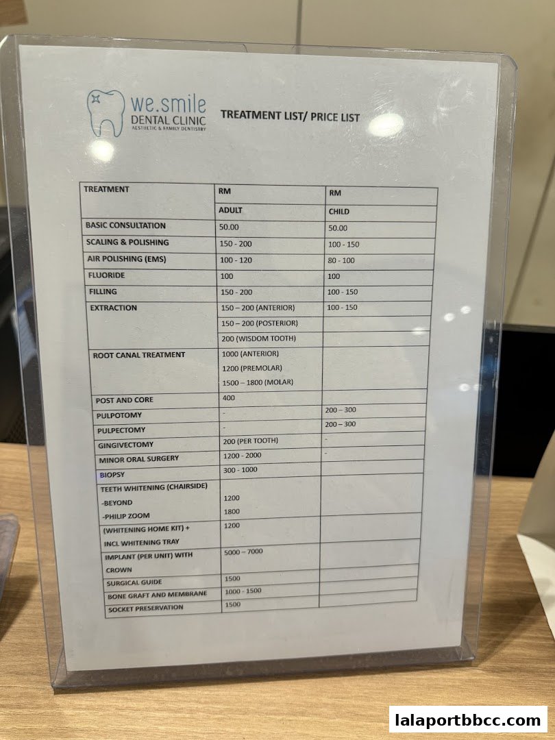 A price list for dental treatments at WeSmile Dental Clinic, showing costs for adults and children.