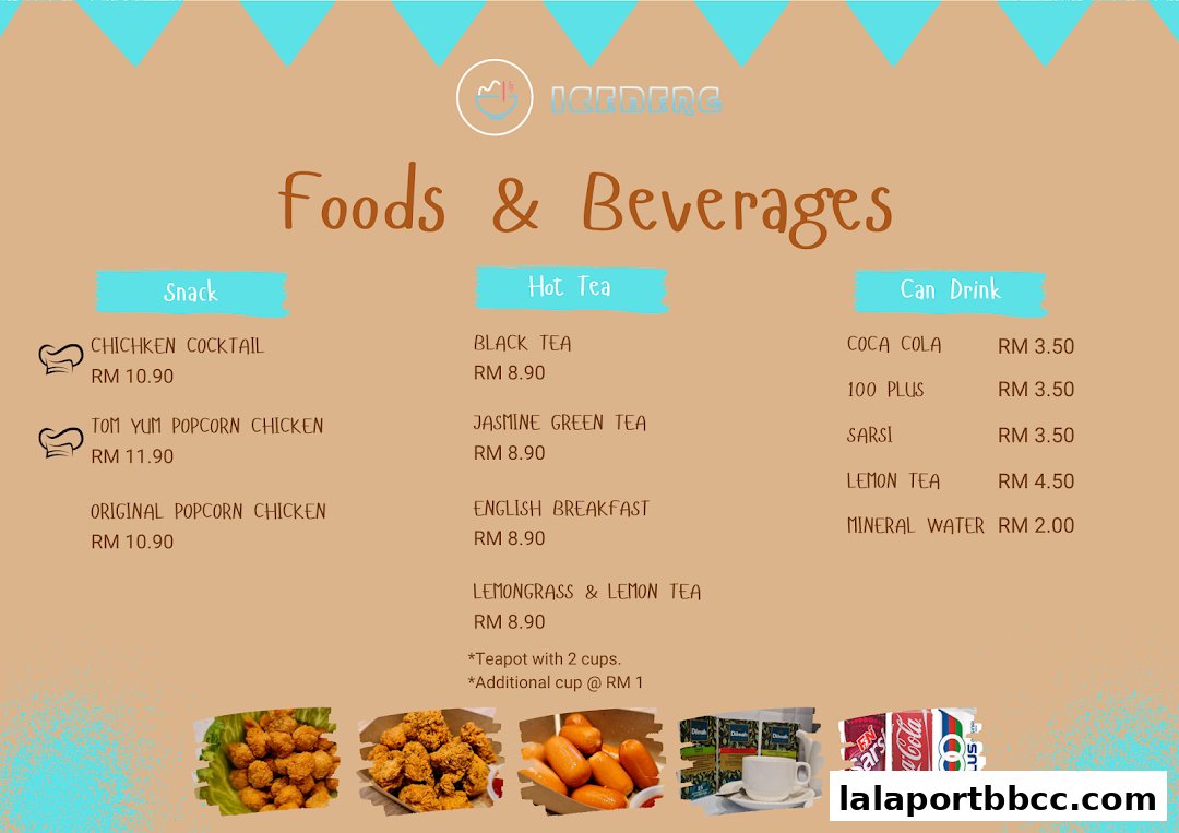 A menu for Iceberg LaLaport featuring snacks, hot teas, and canned drinks.