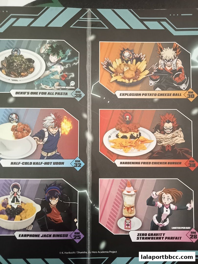 A menu featuring anime-themed food items with character illustrations.