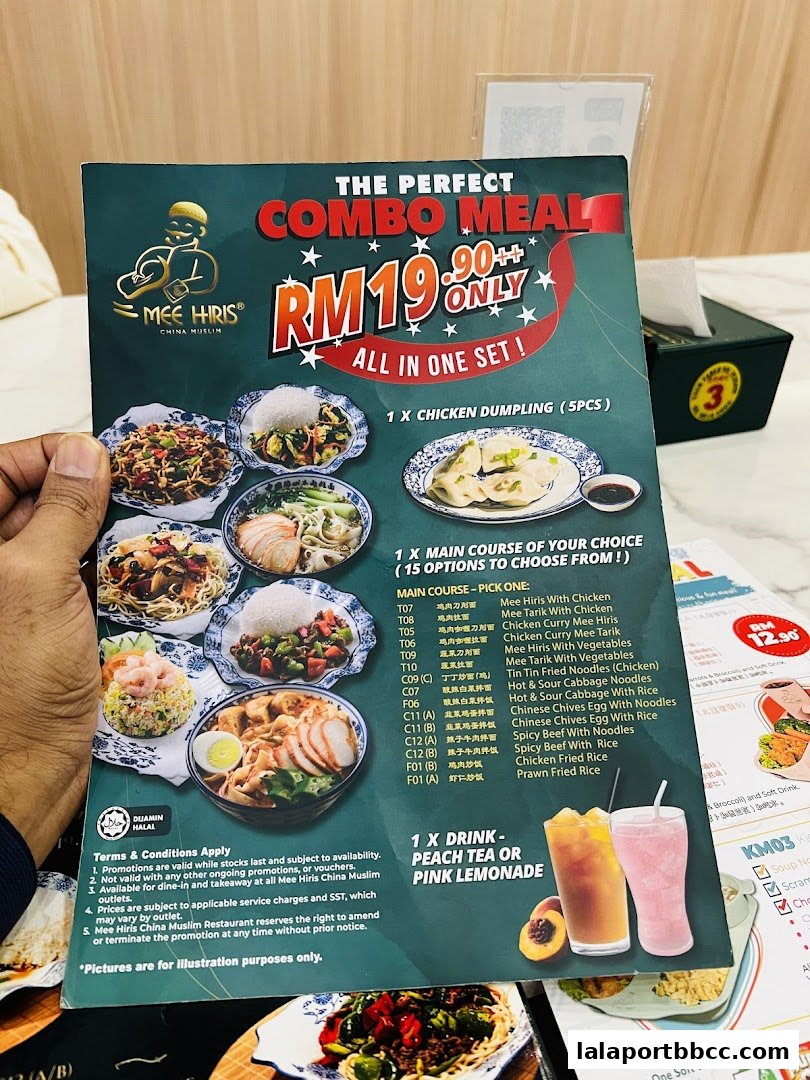 A menu from Mee Hiris China Muslim offering a combo meal with chicken dumplings, a main course, and a drink.