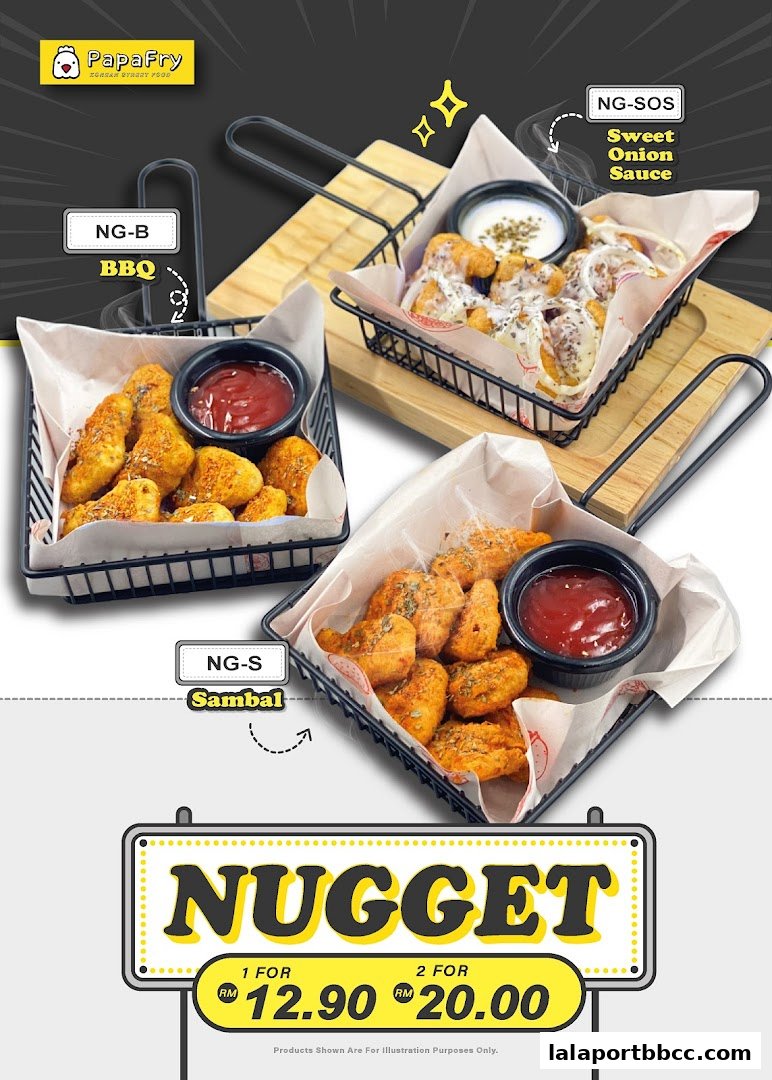 Three baskets of Korean fried chicken nuggets with different sauces and a promotional offer.
