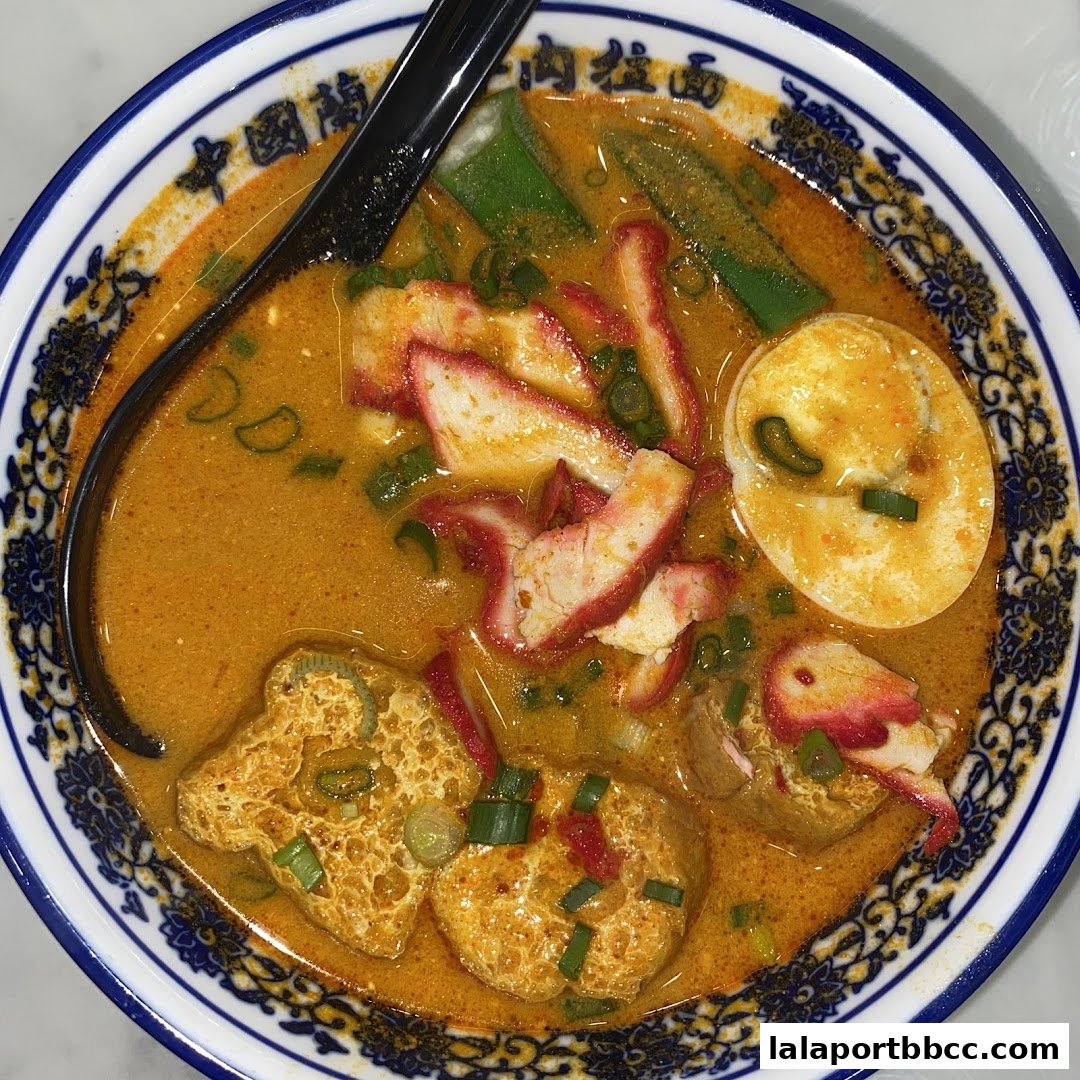 A close-up of a delicious bowl of curry noodles with char siu, egg, and tofu.
