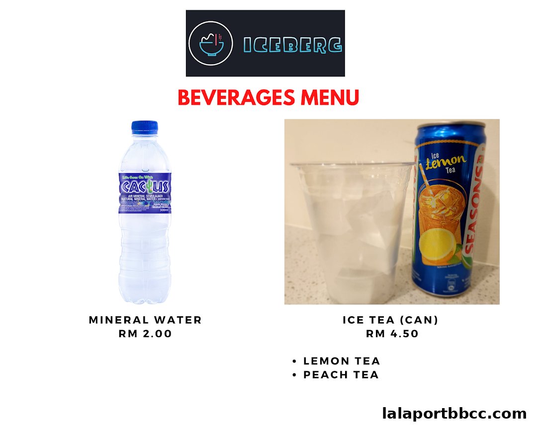 Iceberg LaLaport menu featuring mineral water and canned ice tea.