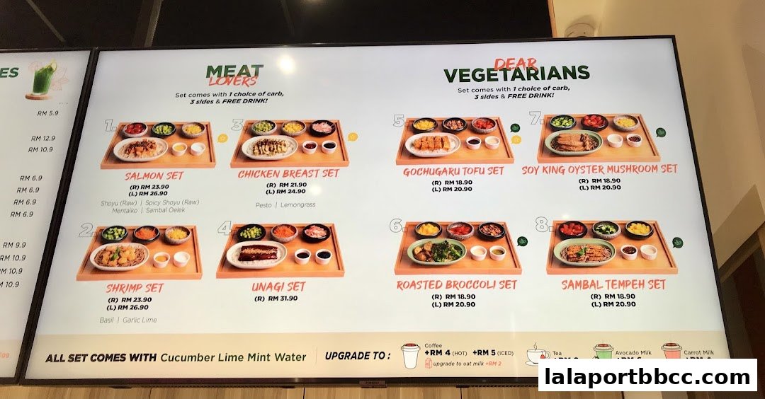 A digital menu board displaying various set meals for meat lovers and vegetarians.