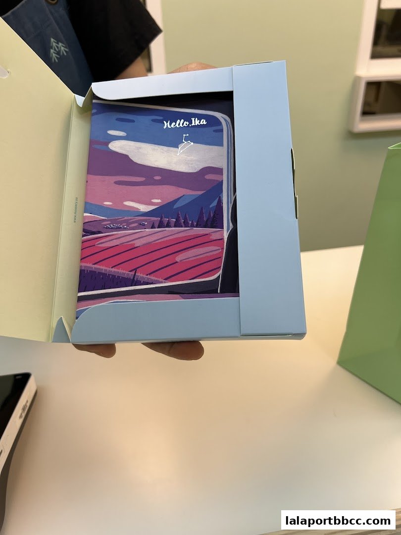 A person holds a notebook with a scenic landscape design in a light blue box.