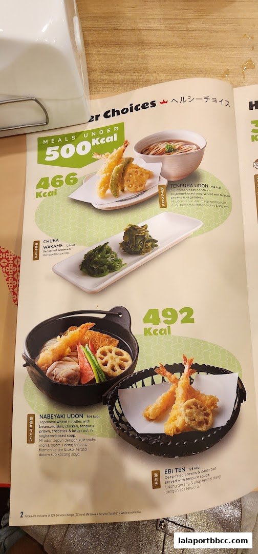 A menu page from Sushi King Lalaport BBCC showcasing healthy meal options with calorie counts.