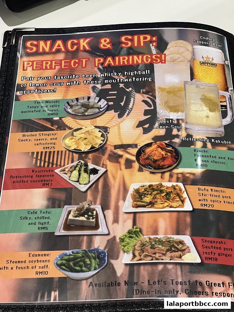 A menu page showcasing various Japanese snacks and drinks with enticing descriptions and prices.
